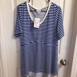 LuLaRoe Blue and White Striped V-Neck Top